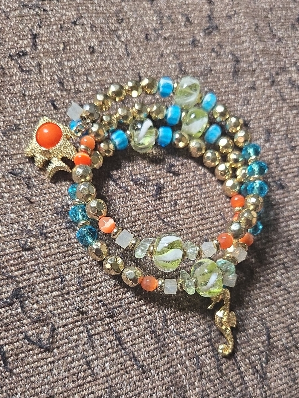 Handmade Gold Tone Beaded Sprial Wrap Bracelet with Sea Creatures Coastal Chic